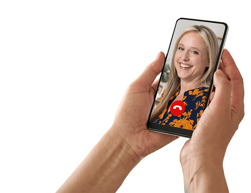 Hands holding a smartphone with an image of a TYMLOS Clinical Educator on screen